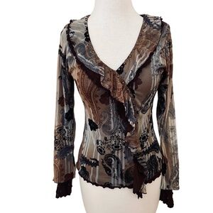 Vintage Y2K Haven Bleu Ruffle Mesh Top Boho Paisley Floral Long Sleeve Small